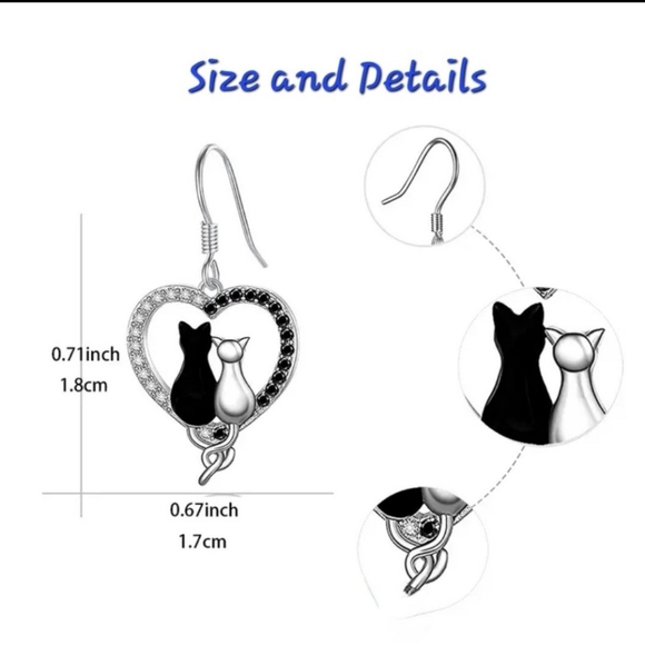 Bonded cats necklace & earrings set, silver tone with enamel & rhinestones - Picture 8 of 8